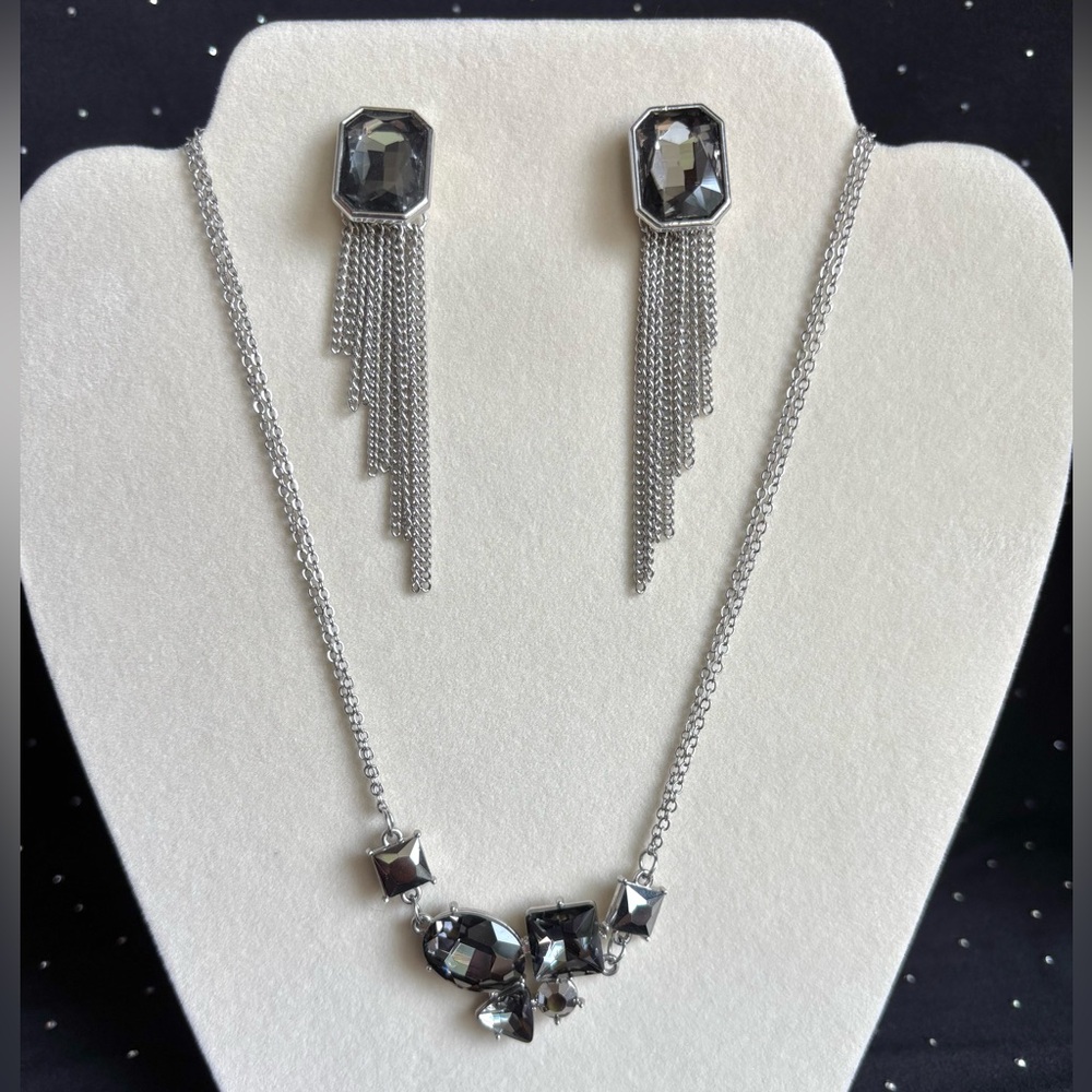 Silver Hematite Crystal Necklace & Earrings Set